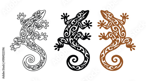 Conjunto de tres lagartos ornamentales, diseño vectorial de salamandra con patrón tribal, ilustración de gecko estilizado para tatuajes y decoración