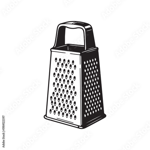 A black and white illustration of a box grater isolated on white background