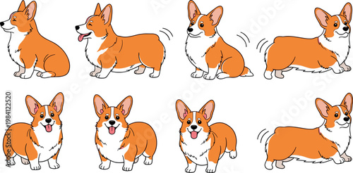 Cute Corgi Dog Illustration Set with Different Poses and Expressions in Cartoon Style for Pet Design, Stickers, and Animal Graphics
