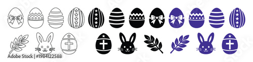 Iconos de Pascua, colección de huevos de Pascua decorados, conejos y ramas de olivo, conjunto de vectores monocromáticos y morados para celebraciones de primavera