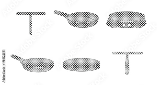 Conjunto de utensilios de cocina esenciales, colección de sartenes y ollas, herramientas culinarias básicas para el hogar y la restauración, iconos vectoriales monocromáticos.