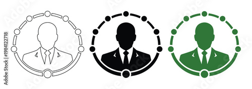 Professional user avatar vector icons, business person profile silhouette set, corporate network and connection symbols, modern UI/UX design elements for web and app development