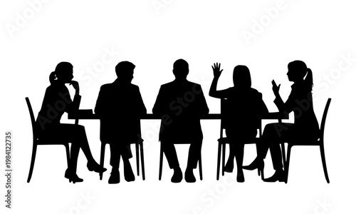Black silhouette of a group of business people sitting around a conference table in a meeting discussion, a corporate teamwork and boardroom vector illustration on white background