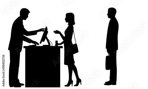  Black silhouette of a cashier serving a female customer at a retail checkout counter with a man waiting, a business and shopping concept vector illustration on white background