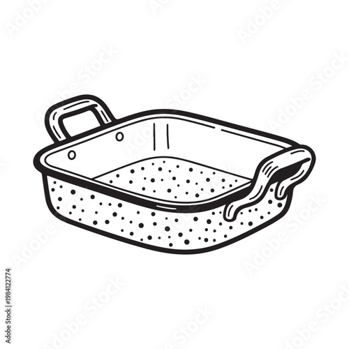 Black and white illustration of a colander with handles isolated on white background