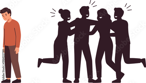 A man stands alone as three people argue and gesture aggressively towards each other in a tense confrontation.