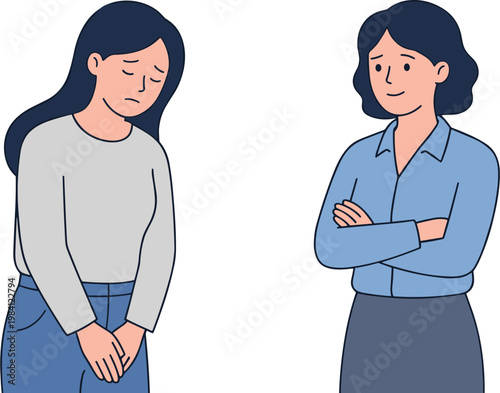 Two women display contrasting emotions, one appears sad and worried while the other seems confident and assertive.