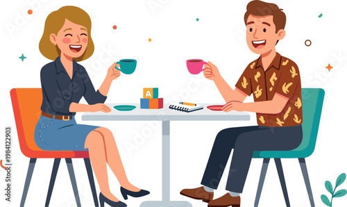 A man and woman sit at a table enjoying coffee and conversation.