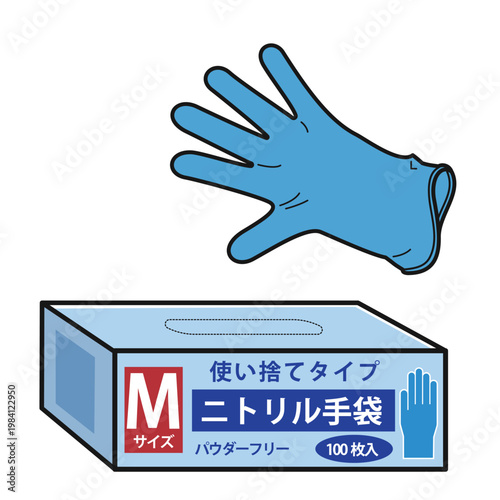 ニトリル手袋とそのパッケージ（Mサイズ）