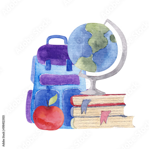 School bag with book stack and globus. School, university, college or science concept. Hand painted vector illustration.