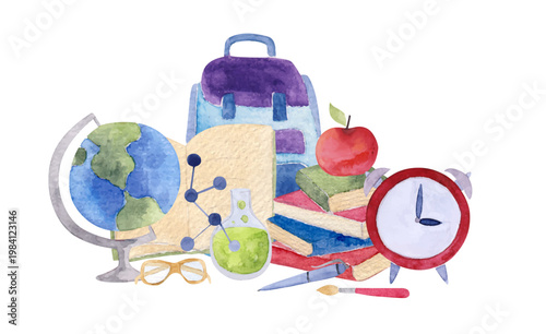 School bag with book stack, globus, alarm clock, flask and molecula. School, university, college or science concept. Hand painted vector illustration.