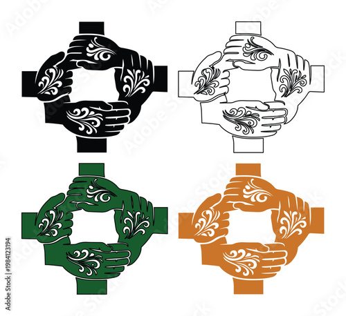 Interlocking hands vector set, diverse community support and collaboration symbol, unity and teamwork graphic resource, four color variations for social issues and business concepts
