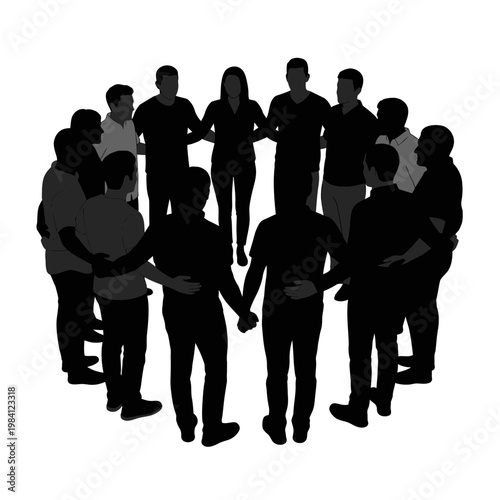 Diverse Group of People Silhouette Holding Hands in Circle - Unity and Teamwork Concept