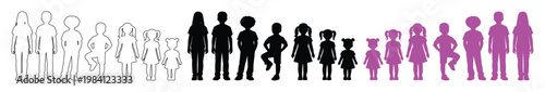 Human growth stages vector collection, diverse people silhouettes showing age progression from baby to adult, outline, black, and purple figures for demographic infographics and educational