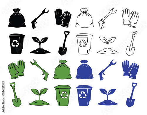 Eco-friendly cleanup tools vector icon set, environmental conservation and recycling symbols, garden and waste management graphic elements, sustainable living illustrations for earth day