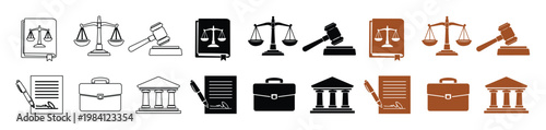 Law and Justice Icon Set, legal system symbols, court and lawyer vector graphics, scales of justice, gavel, courthouse, and briefcase illustrations for legal services.