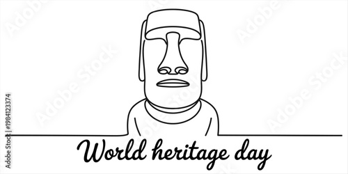 World heritage day celebration with a continuous line drawing of a moai statue on white background. Vector, illustration