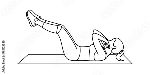 Line drawing of a woman performing abdominal crunches with her legs raised on a yoga mat. Vector, illustration