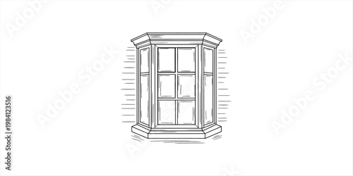 Hand drawn sketch of a classic bay window architectural element with multiple panes Vector, illustration