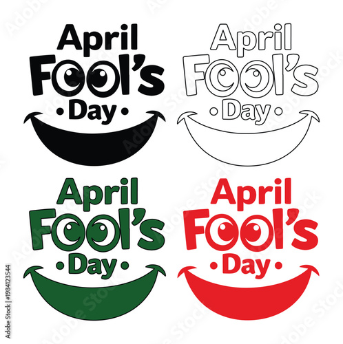 April Fool's Day vector graphic set, playful holiday typography with smiling mouth and googly eyes, humorous prank celebration design elements, festive April 1st event illustration
