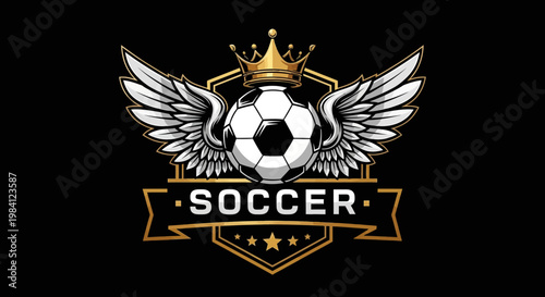 Logo of a soccer ball with wings and a crown on a black background