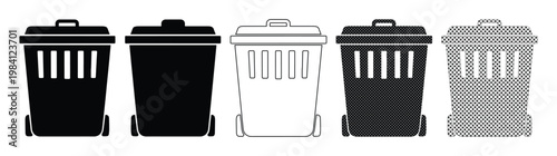 Five black and gray trash cans vector set, modern garbage bin icons, waste disposal containers for recycling and environmental concepts