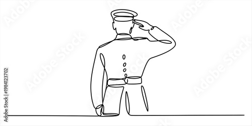 Continuous line drawing of a military officer saluting from behind on a white background. Vector, illustration