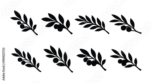 Minimalist black olive branch vector set, eight elegant botanical illustrations, natural Mediterranean foliage design elements for branding and packaging