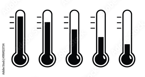 Temperature gauge vector icons, black and white thermometer set, heat and cold measurement symbols, climate control indicators for weather apps and medical designs