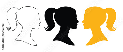 Female head silhouette vector set, three diverse woman profile outlines with ponytail hairstyle, modern graphic design elements for identity and branding