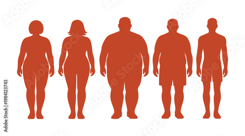 Human body types vector set, diverse male and female silhouettes illustrating various body shapes, weight loss and gain progression, health and wellness concept, isolated on white.