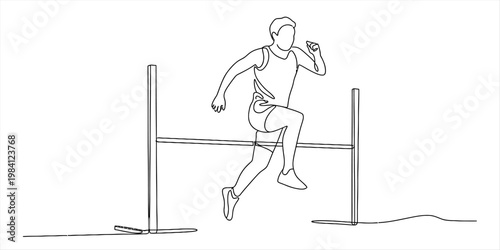 Continuous line drawing of an athlete jumping over a hurdle in a track and field competition. Vector, illustration