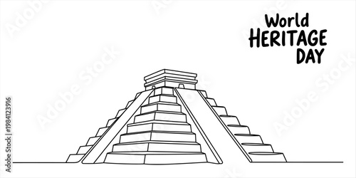 Continuous line drawing of a mayan pyramid for world heritage day celebration on white background Vector, illustration