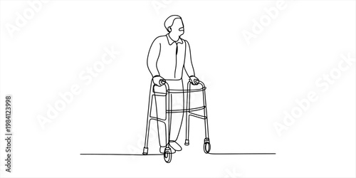 Continuous line drawing of an elderly man using a walker for mobility and independence Vector, illustration