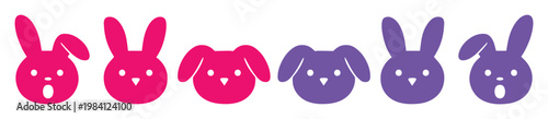 Iconos de conejos kawaii en rosa y morado, colección de seis avatares de conejo de Pascua, diseño de personajes de animales de dibujos animados para niños, vector plano de mascotas adorables