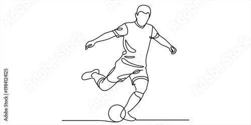 Continuous one line drawing of a professional soccer player kicking a ball on a white background. Vector, illustration