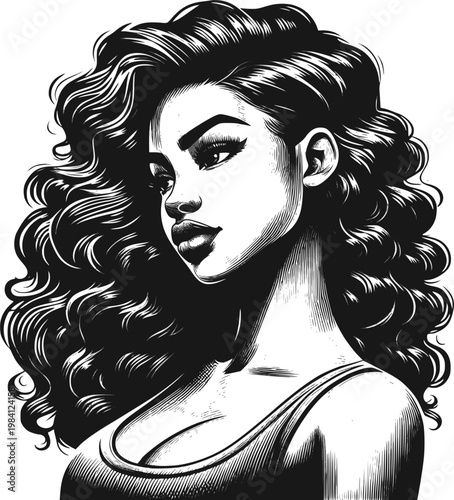 Stylized black and white engraving portrait of a woman with voluminous curly hair, design for salon branding, apparel prints, and beauty blog graphics. Vector illustration. Transparent EPS version.