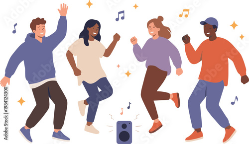 Four people dancing lively around a speaker with music notes floating around them in a joyful scene.