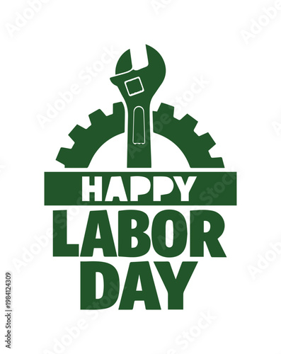 Feliz Día del Trabajo, ilustración vectorial verde oscuro, diseño de celebración del Día del Trabajador, emblema festivo con llave inglesa y engranaje