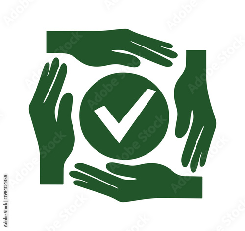 Icono de sostenibilidad y cuidado ambiental, manos verdes alrededor de un círculo con marca de verificación, concepto de ecología y compromiso ecológico