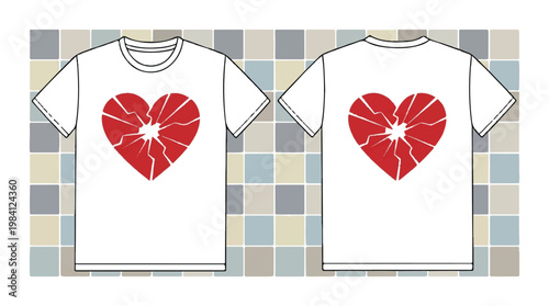 White t-shirt with broken red heart graphic on the front and back t shirt unrequited love apparel design casual wear unconditional love sad heart