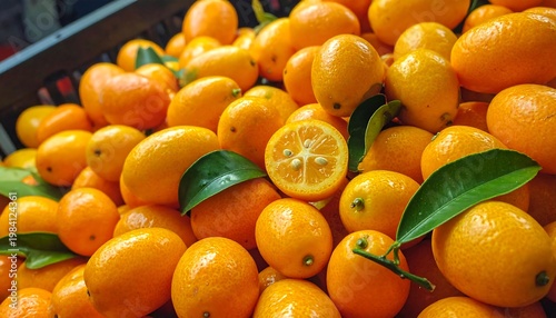 A close-up shot of a pile of small, vibrant orange citrus fruit
