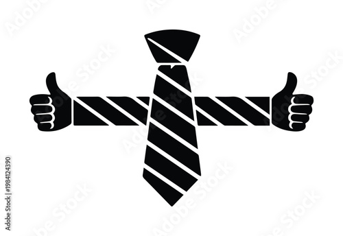 Corbata de negocios con pulgares arriba, símbolo de éxito profesional y aprobación, ilustración vectorial monocromática para diseño corporativo y marketing