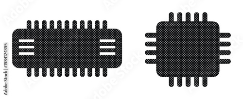 マイクロチップと半導体プロセッサのベクターアイコンセット, コンピュータの電子部品とCPUの黒いシルエット素材, テクノロジーとハードウェア開発のデジタルグラフィック, 2種類の集積回路デザイン