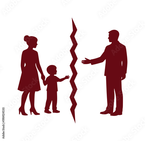 Family separation vector illustration, a broken family concept with parents and child, symbolizing divorce and relationship breakdown, ideal for legal and social issue designs.