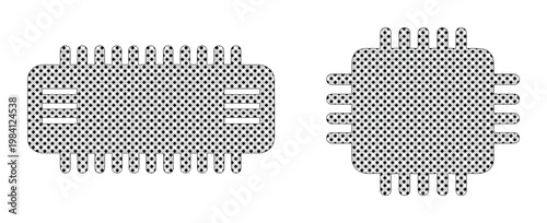 Minimalist microchip vector icons, two distinct integrated circuit designs. Modern electronic component graphics, perfect for technology, computing, and digital innovation projects.