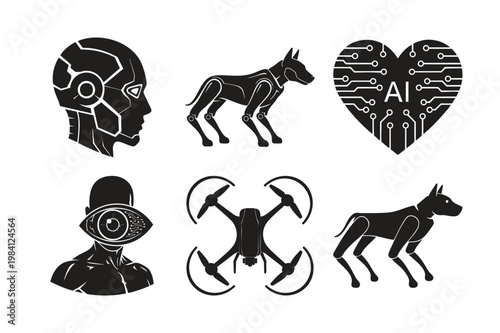 Artificial intelligence tech silhouette set bundle vector collection.