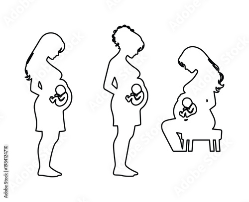 Pregnant women silhouettes, expecting mothers with visible fetus, black outline vector set, pregnancy and maternity concept
