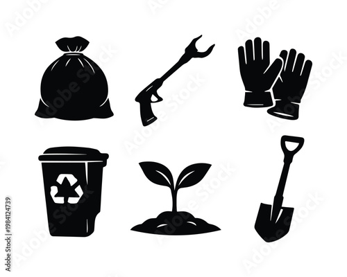 環境保護と清掃活動のアイコンセット, ゴミ袋やリサイクルボックスとシャベルのベクターイラスト, エコロジーとボランティア活動を象徴する黒のシルエットデザイン, 庭仕事や環境保全の6種類のグラフィック素材
