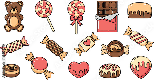 Cute Sweet Candy and Chocolate Illustration Set with Lollipops, Heart Shapes, Cookies, and Desserts in Colorful Cartoon Style for Design Use
